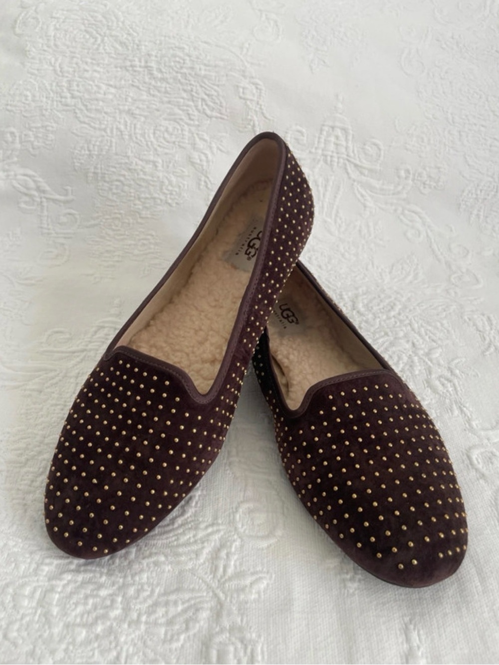 UGG Womens Brown Suede Studded Slip-On Flats